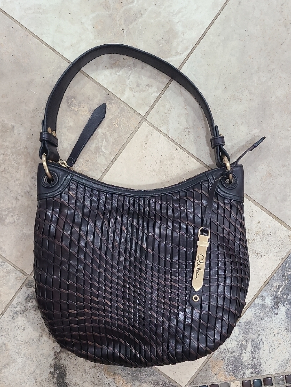 Cole Haan Dark Brown Woven Leather Shoulder Bag with Gold Hardware